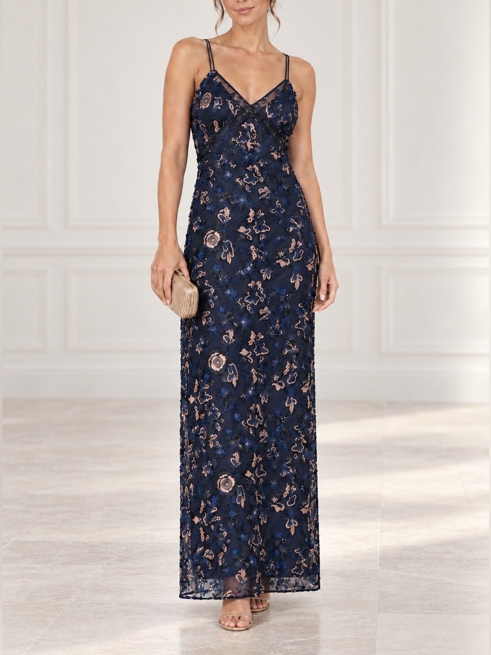 Self-Portrait Eva Floral Embroidered Sequin Maxi Slip Dress Navy US 4 Ethereal
